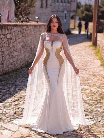 Faeriesty Bridal Glamorous Mermaid Wedding Dress, Adorned With Rhinestones, Paired With Sheer Shawl And Flowing Floor-Length Gown - An Ideal Choice For Weddings, Formal Galas, Awards Ceremonies, And Red Carpet Events