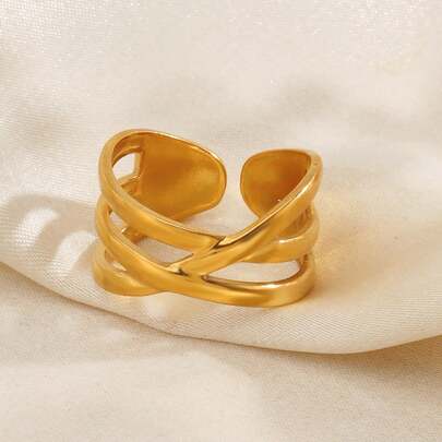 1 pieza Anillo de diseño de línea chapado en oro de 18K de acero inoxidable irregular, duradero y sin decoloración, adecuado para mujer, accesorio de joyería para regalo/festividad