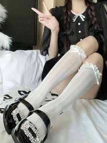 1/2/3 Pairs Of Lace Fishnet Over-The-Knee Stockings, Sweet Lolita Style Featuring Bows And Ruffle Trim, Feminine Details - Multicolor - View 9