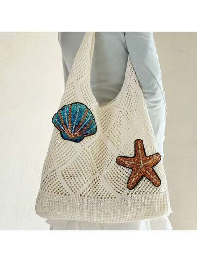 Women's Crochet Beach Tote Bag, Fashionable Woven Tote Bag With Coin, Shell And Starfish Patches, Large Capacity Foldable Portable Bag, Summer Beach Tote, Summer Hollow Beach Vacation Beach Bag, Women's Woven Handbag, Turtle And Shell Print - Large Capacity Beach Travel Bag, Suitable For Summer, Seaside Outings And Shopping - Beach Tote Bag, Exquisite Woven Pattern, Summer Accessories, Vacation Essential, Casual And Beach Travel