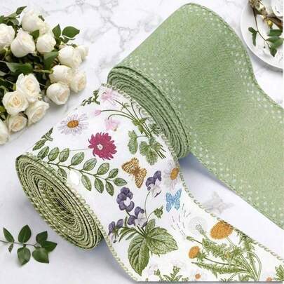 1 Roll/2 Rolls, 2.5inch Green Wildflowers Wired Edge Ribbon Retro Wild Floral Craft Ribbon Spring Fabric Ribbon For Wreath Bow Making DIY Wrapping Party Decor Supplies Gifts Birthday Graduation