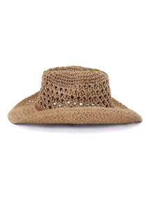 1pc Vintage Hollow Brim Wide Brim Straw Hat, Unisex Outdoor Travel Beach Hat, Handwoven Breathable Western Cowboy Panama Hat, Spring/Summer - A - 查看 2