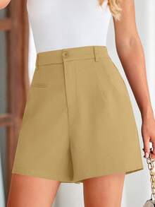 Women's Summer Shorts Fashion Elastic High-Waisted Wide-Leg Business Casual Formal Shorts With Pockets Shorts For Women - 棕黃色 - 查看 5