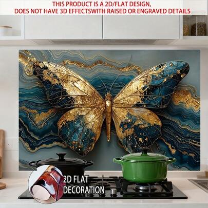 1 قطعة ملصق حائط مطبخ مسطح من البي في سي ثنائي الأبعاد - ذاتي اللصق وقابل للإزالة بتصميم مسطح حديث ، بنمط رخامي وزخرفة فراشة فنية. مناسب لديكور المنزل ، ألواح المطبخ المعاصرة مقاومة للشحوم والرذاذ ، أو فن الحائط. - سهل التقشير والتطبيق