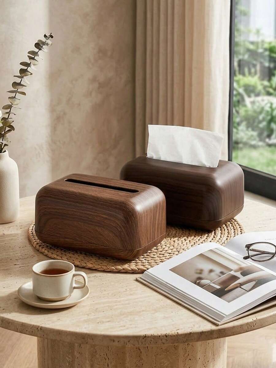 复古木纹塑料纸巾盒套，仿木餐巾架，多功能收纳盒，适用于厨房、卧室、浴室和客厅，棕色设计，优雅实用装饰