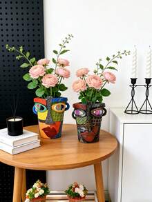 1pc Retro Contrast Color 3D Face Resin Vase, Creative Handpainted Art Flower Pot, Home Decor For Living Room, Dining Table, Balcony, Bedroom, Unique Gift For Artistic Friends, Suitable For Artificial/Fresh Flowers - B - View 6