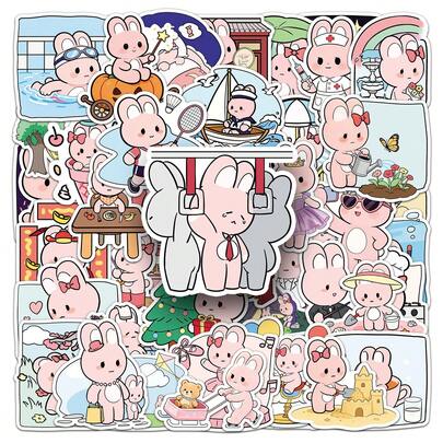 51张粉色兔子日常贴纸涂鸦贴纸装饰行李箱、骑行装备、水壶、DIY滑板、行李箱、头盔自粘贴纸