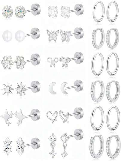 Flat Back Earrings For Women Stainless Steel Huggie Hoop Earrings CZ Butterfly Bowknot Pearl Flower Moon Star Heart Cartilage Earring Stacks Small Stud Hoop Piercing Set Hypoallergenic