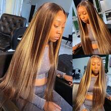 26英寸即戴即用无胶渐变色假发，13x4蕾丝前额假发，透明5*5蕾丝封顶，#4/27挑染假发，直发假发，真人前额发丝，高清蕾丝前额假发，预先拔毛，带婴儿发，200%密度，无胶混纺假发，适合女性日常佩戴 - SP4/27 - 查看 7