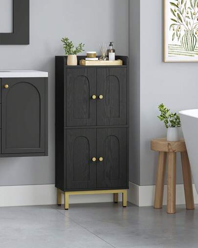 HEXCELEN Bathroom Storage Cabinet, Slim Bathroom Floor Cabinet With 4 Door And Adjustable Shelf, Wooden Freestanding Storage Unit For Dining Kitchen Living Room, Black