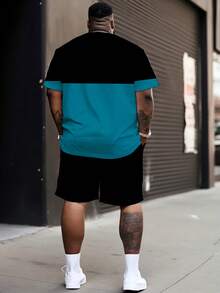 Men's Casual Sports Set - "Minimalist Contrast Color Matching BALANCE Plaid" Pattern Design, Polyester Knit Fabric, Round Neck, Drawstring Shorts, Pockets, Regular Fit, Suitable For Plus Size - Mint Green - View 2