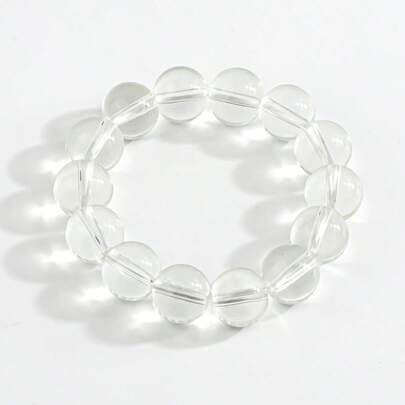 14mm Pure White Crystal Beaded Bracelet, Women's Transparent Round Bead Jewelry