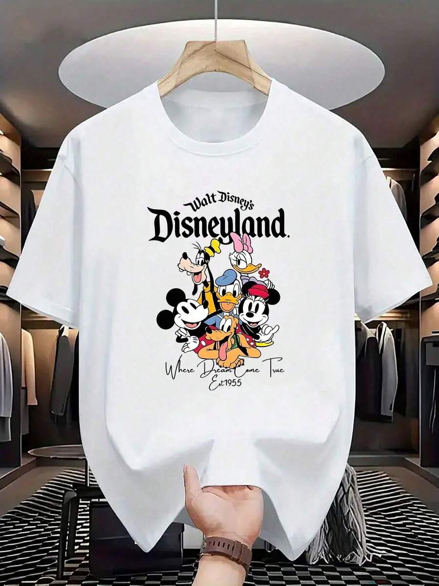 Disney Men's Casual T-Shirt, "Walt 's Land" Classic Characters Print, Nostalgic & Cute Design, Perfect For Theme Park Visits - trắng - Xem 1