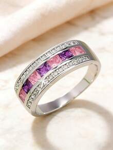 1pc Women's Fashion Simple Classic Square Cubic Zirconia Wide Band Ring, Suitable For Valentine's Day, Anniversary, Christmas, Wedding, Party, Vacation, Business And Other Occasions - Pink - View 3