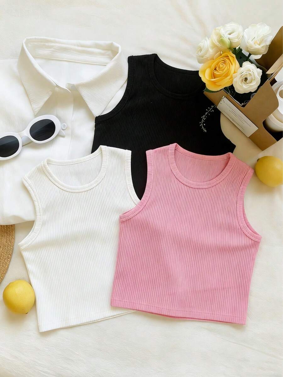 3pcs/Set Tween Girls Casual Ribbed Tank Top, Breathable & Comfortable, Spring/Summer - Multicolor - View 1