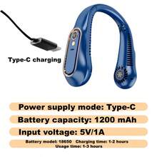 USB Rechargeable Neck Fan, 5-Speed Adjustable Portable Neck Fan With LED Battery & Gear Display, Built-In 1200mAh Rechargeable Battery, 1-2 Hours Charging Time, 1-3 Hours Usage Time - Blue - Battery Display - View 5