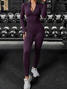 Aoqta Sports 女士夏季休闲纯色两件套，修身长袖拉链高领上衣搭配高腰紧身塑形瑜伽裤，适合瑜伽、跑步、健身、日常穿着。 - 紫色 - 查看 10