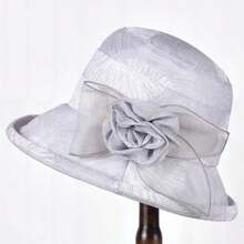 1pc Floral Decor Wide Brim Hat, With Natural Pleated Brim Edge Design, Featuring A Matching 3D Flower Decoration On The Side, Vintage Elegant Style, Suitable For Retro-Inspired Outfits Like British Vintage Look, Decorative And Practical For Sun Protection.,Beach,Travel - Fisherman's Hat - View 5