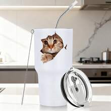 30oz Stainless Steel Tumbler Black White Options,  Cat Face With Paw Emerging From Cup Graphic Cups, Insulated Travel Coffee Mug With Lid And Straw , Double Wall Vacuum Reusable Travel Cups, Funny Birthday Party Gift For Women & Men - 白色 - 查看 1