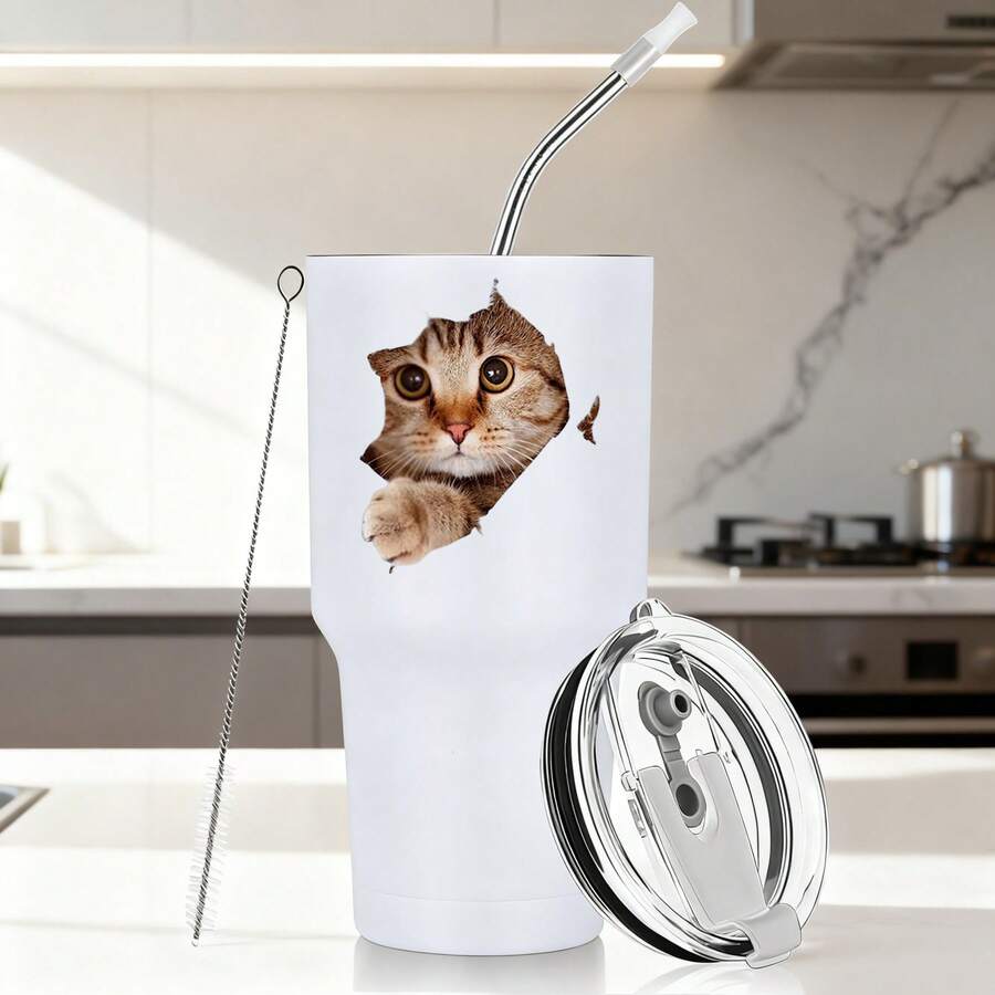 30oz Stainless Steel Tumbler Black White Options, Cat Face With Paw Emerging From Cup Graphic Cups, Insulated Travel Coffee Mug With Lid And Straw , Double Wall Vacuum Reusable Travel Cups, Funny Birthday Party Gift For Women & Men - 白色 - 查看 1