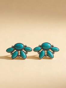 1 Pair Retro Bohemian Style Flower Design Faux Turquoise Stud Earrings, Jewelry Gift Suitable For Women's Party And Travel Wear - Antique Silver - View 3