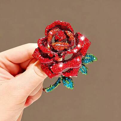 1pc New Fashion Rhinestone Luxury Rose Flower Brooch, High-End Alloy Suit Lapel Pin, European And American Floral Brooch Accessory For Women