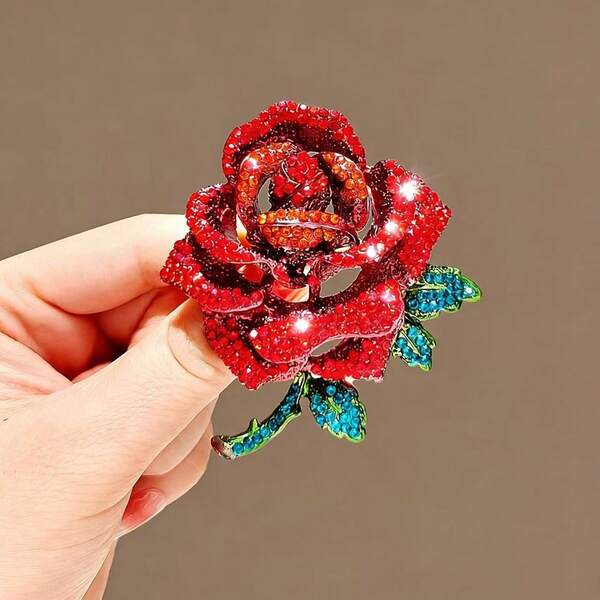 1 Stück neue Mode Strass Luxus Rose Blume Brosche, hochwertige Legierung Anzug Revers Pin, europäischer und amerikanischer Blumen Brosche Accessoire für Frauen