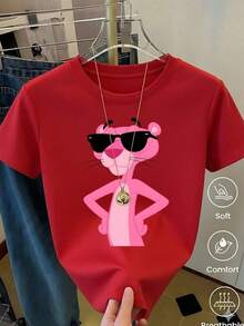 Women's White T-Shirt With  Graphic And Sunglasses, Retro Cartoon Aesthetic Short Sleeve T-Shirt, Fun Modern Top, Casual Street Fashion Blouse - 藍色和黑色 - 查看 1