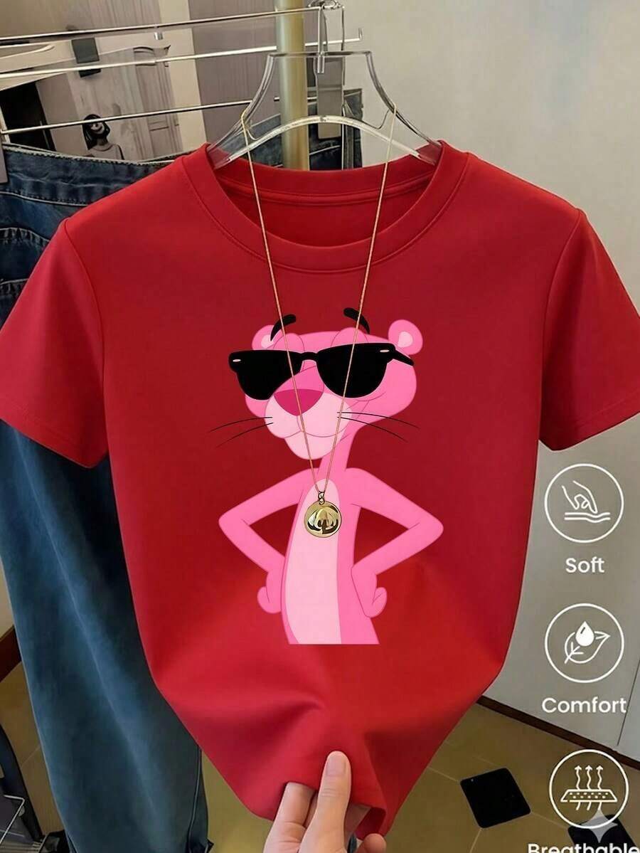 Women's White T-Shirt With Graphic And Sunglasses, Retro Cartoon Aesthetic Short Sleeve T-Shirt, Fun Modern Top, Casual Street Fashion Blouse - 藍色和黑色 - 查看 1