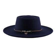 Men Women Felt Fedora Hat Stylish Decorative Butterfly Pendant Chain Design Panama Hat Wide Brim Jazz Cap - Dark Blue - View 6
