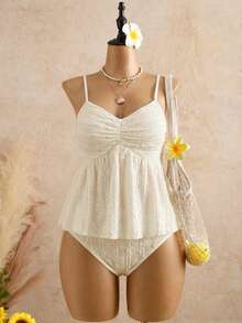 Áo bikini hai dây màu mơ, chất liệu dệt kim, viền bèo nhún, eo chun, kiểu dáng thanh lịch dành cho nữ mùa hè, đi biển, nghỉ mát, dự tiệc và mặc thường ngày. - Màu be - Xem 4