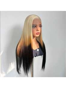 13x4蕾丝前假发，渐变金棕色长直合成发，耐热纤维，柔软预拔发际线，适合日常、派对及各种场合。 - 彩色 - 查看 3