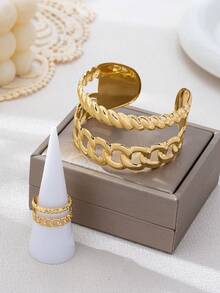 Set de joyería de 2 piezas con brazalete y anillo ajustables de diseño geométrico hueco de estilo minimalista y de moda para mujeres - Amarillo Oro - Ver 3