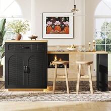 Kitchen Island / Kitchen Cabinet / Buffet Cabinet / Bar Table Cabinet, Fixed Serving Trolley, With Pull-Out Table, 2 Drawers, 4 Doors, Black/White - Black - View 6