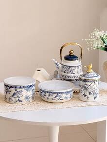 SummitPulse 1 Set, Chinesischer Stil Blau-Weiß Porzellan Kochgeschirr Set, geeignet für Gasherd, Induktionskochfeld, beinhaltet Teekanne, Kaffeekanne, Milchtopf, multifunktionale dickversiegelte Vorratsbehälter, Salatschüssel, Obstschale, Gewürzglas, Kaffeedose, Teedose, Mehrzweck-Vorratsbehälter für alle Jahreszeiten, hitzebeständige Suppenschüssel, Instantnudel-Schüssel, Reisschüssel, Outdoor-Picknick-Campinggeschirr - Übersicht 4