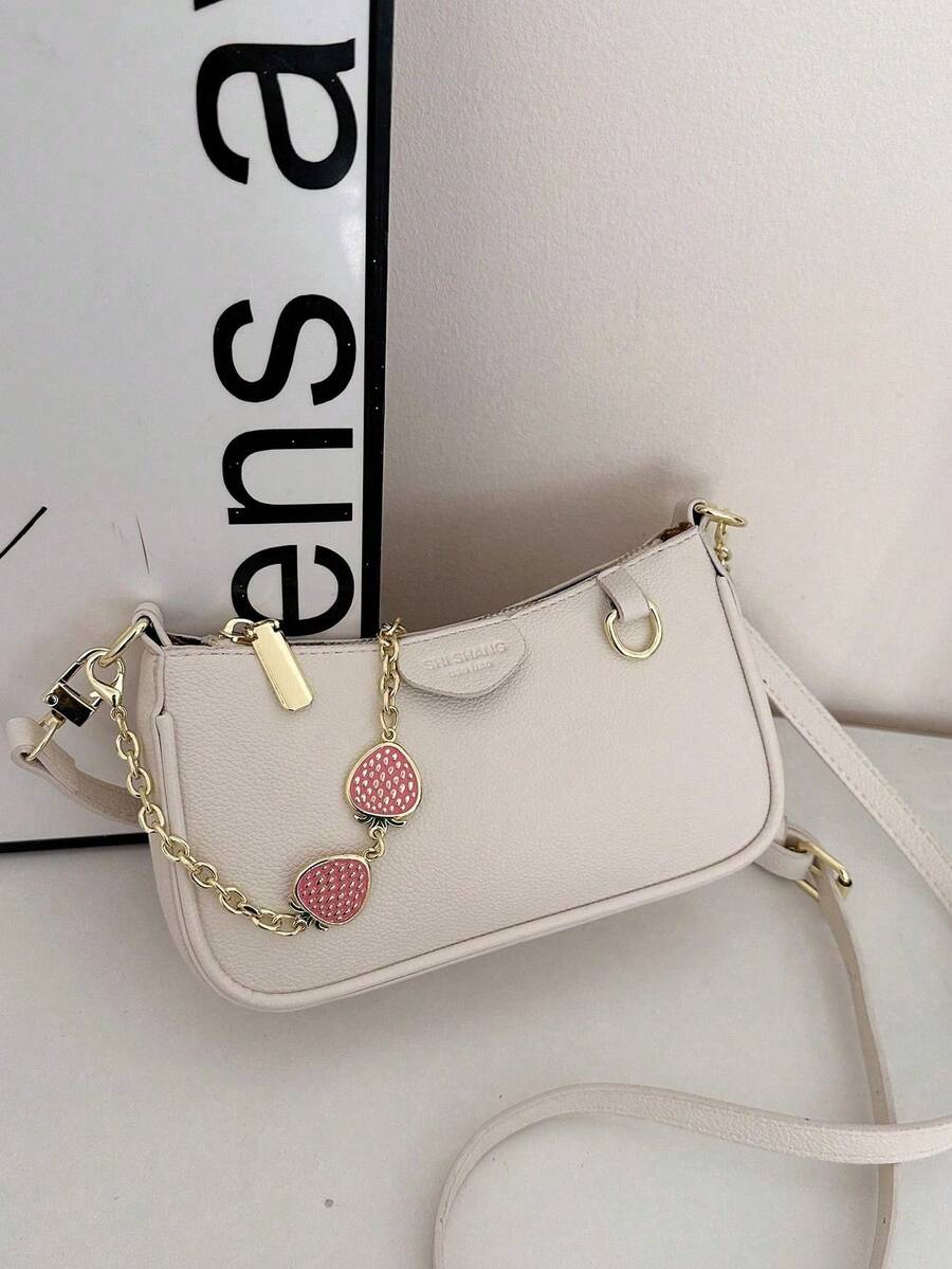1 PC White Shoulder Bag With Heart-Shaped Chain Strap, Exuding Sophistication And Offering Ample Capacity Women's Bags,Multifunctional And Large Capacity Fashionable And Casual Large Capacity Portable Zipper Shoulder Bag Underarm Bag,Storage For Travel Cosmetics, Cell Phones, Keys, And Sanitary Napkins,Suitable For Earphones, Chargers, Lipstick, Cosmetics, Perfume, Skin Care And Beauty Products, Student Supplies, Keys, Holiday Gifts - 白色 - 查看 1