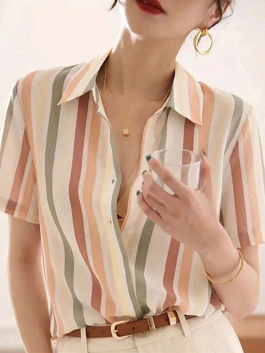 Women's Striped Single-Breasted Casual Versatile Daily Wear Shirt Summer