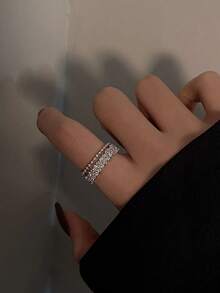 1pc Exquisite Luxury Sparkling Double-Layer Zirconia Starry Sky Open Ring, Unique Design Elegant Charm For Women - Silver - View 3