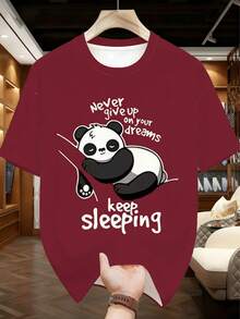 Ensemble pyjama grande taille pour hommes , Top à col rond et manches courtes, short décontracté à taille élastique, ensemble 2 pièces , Tissu en tricot de polyester, doux et respirant, coupe ample , Design décontracté mignon avec imprimé panda "Continuer à dormir" - Rouge foncé - Voir 2