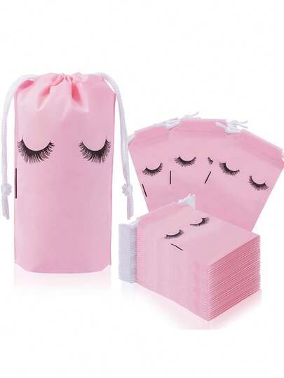 SRCKFIZ 50pcs Eyelash Aftercare Lash Bags For Clients - Drawstring Makeup Cosmetic Shampoo Sample Pouches For Women And Girls- Small Business Supplies (Pink,4 X 6 Inches)