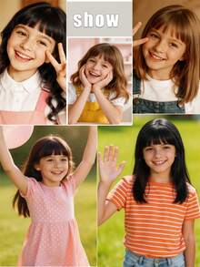 儿童夹式刘海假发 - 耐热合成纤维，加厚设计，发量丰盈，佩戴方便，适合日常、节日、派对等场合。（黑色/深棕色/浅棕色） - 彩色 - 查看 6