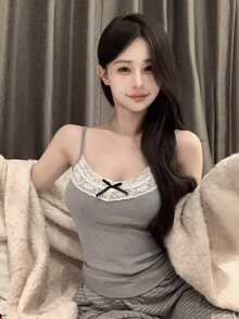 Top de camisola de encaje francés con busto acolchado, top de cami sexy para mujeres, primavera/verano - Gris - Ver 3