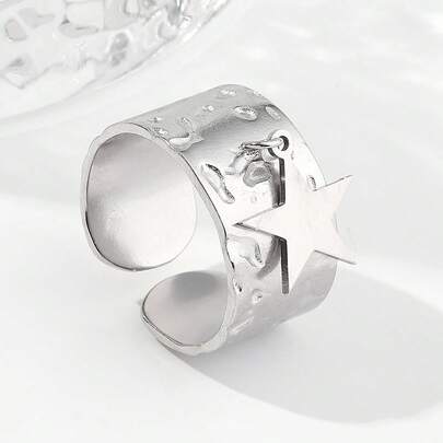 1pc Stainless Steel Irregular Pentagram Ring, Fashionable Personalized Open Adjustable Couple Ring