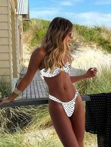 Women's Summer New Arrival: European & American Style, Sexy, Casual, Brown & White Polka Dot, Strapless, Beach Vacation, Bikini Swimsuit - 白色 - 查看 2