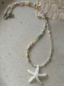 1件甜美清新波西米亚风树脂海星彩色串珠项链，适合海滩度假佩戴（珠子颜色顺序可能与图片略有不同） - 彩色 - 查看 4
