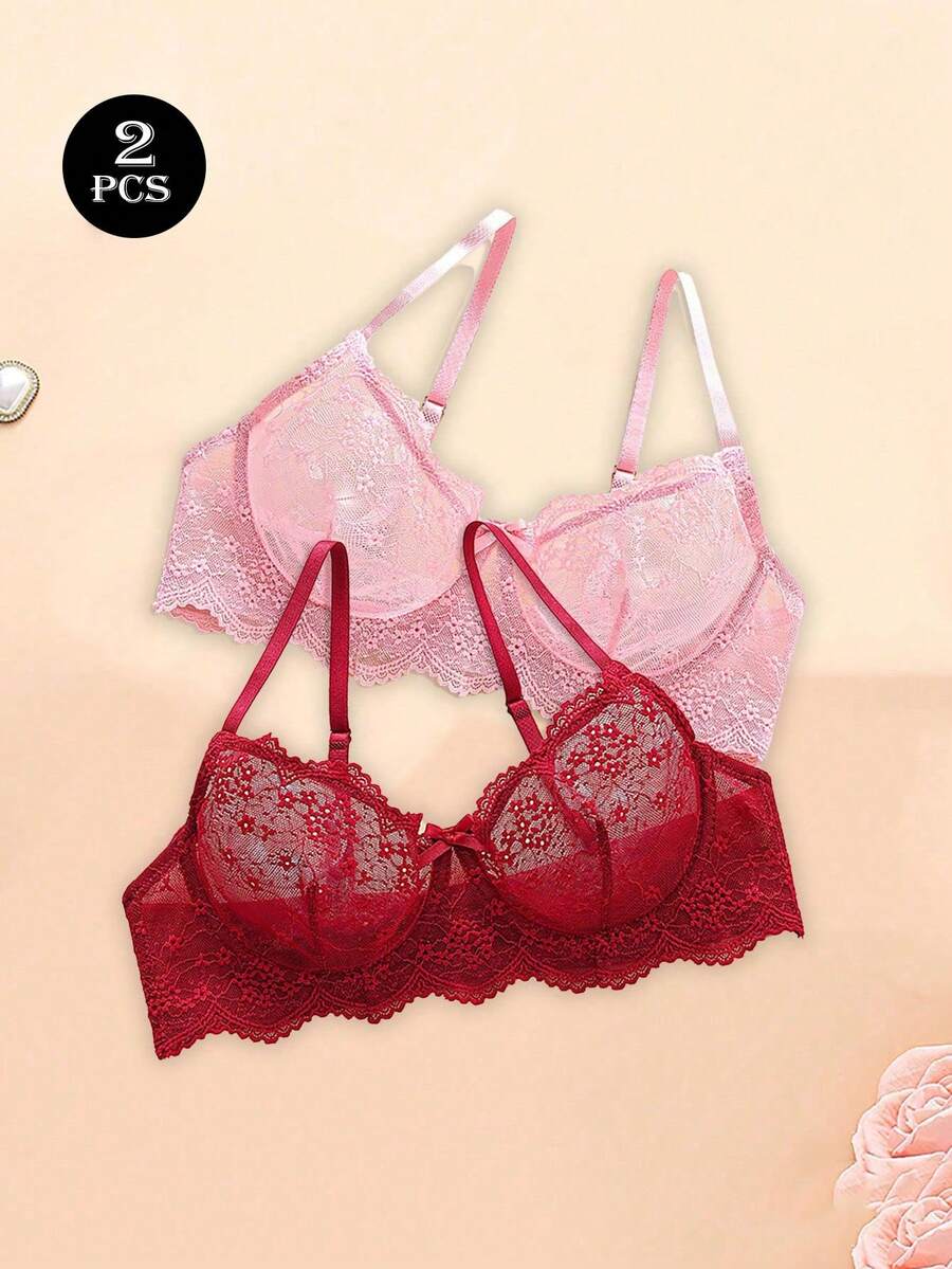 2 piezas Sujetador con aros y push-up de encaje transparente y sexy para busto pequeño - Multicolor - Ver 1