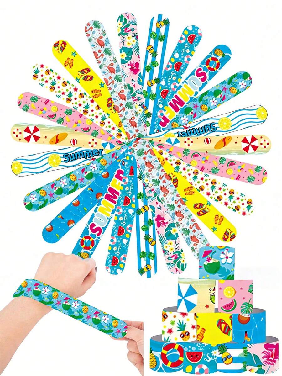12pcs Hawaiian Party PVC Slap, Summer-Themed Birthday Clap Bracelets, Beach Pool Party Favors, For Hawaiian Favors Slap Bands, Perfect For Summer & Festive Celebrations, Holiday Party Favors, Hawaiian Bracelet Packs, Summer Beach Party, Pool Party, Hawaiian Decorations - View 1