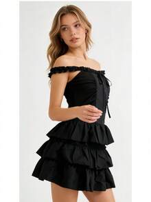 1pc New French Style Black Spaghetti Strap Dress, Spring/Summer Fitted Slimming Elegant Princess Tulle Dress, Suitable For Party, Game Theme, Ball, Photo Shoot, Romantic Dinner, Garden Date - Black - View 4