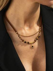 1件波西米亚虎眼石串珠向日葵几何链吊坠项链，奢华优雅，适合婚礼、日常、节日派对等场合，是送给女性的百搭珠宝礼物。 - 金色 - 查看 1