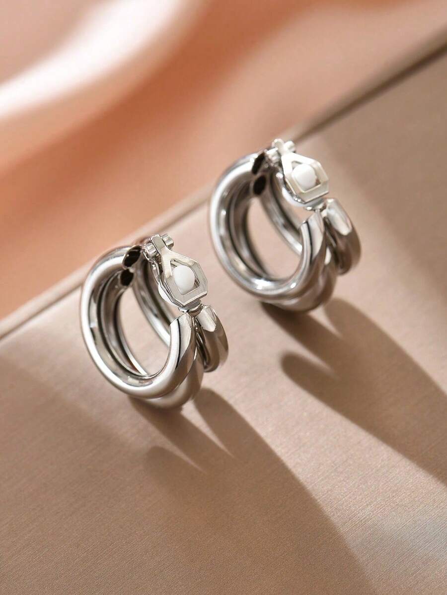 1对时尚简约多层C形夹式耳环，夹式设计，适合日常佩戴 - 銀色 - 查看 1